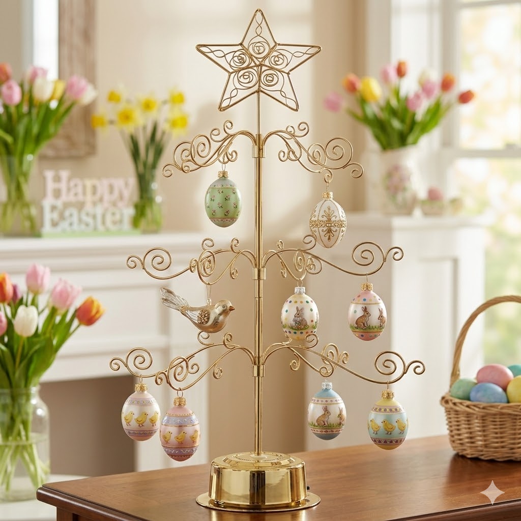HOHIYA 24 Inch Tabletop Rotating Ornament Display Tree 3-Tier Metal Stand with 36 Hooks, Small Christmas Tree for Desk Countertop Jewelry and Keepsake Holder Brass Gold